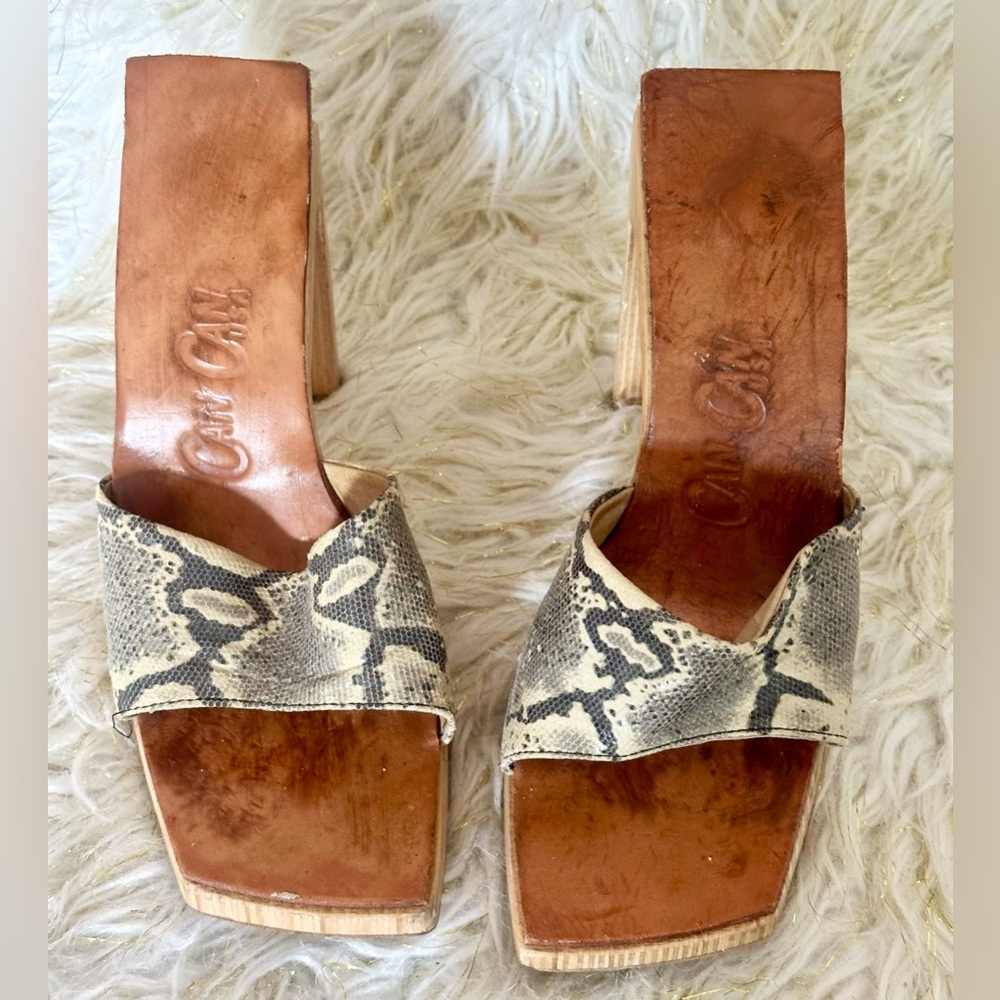 Vintage Can Can USA Wooden Block Heel Sandals Snakeskin Slip On Size 9